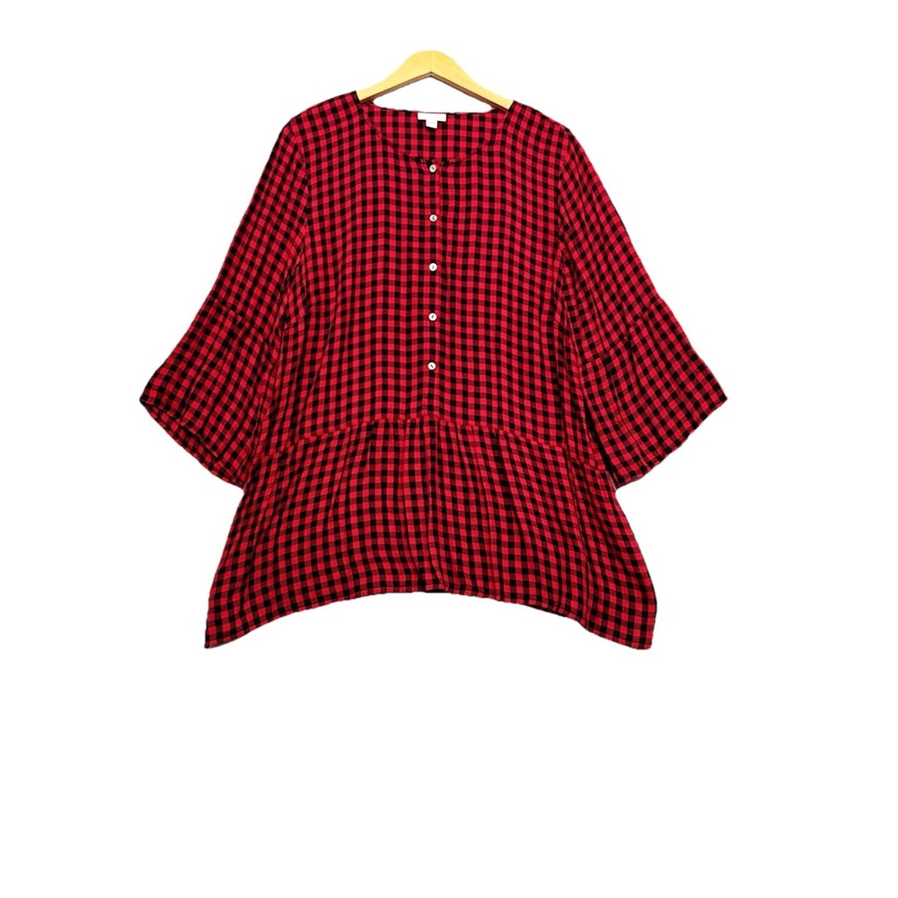 J Jill Womens Tunic Top Tartan Plaid Size XL Country Cowgirl Long Sleeve Ruffle